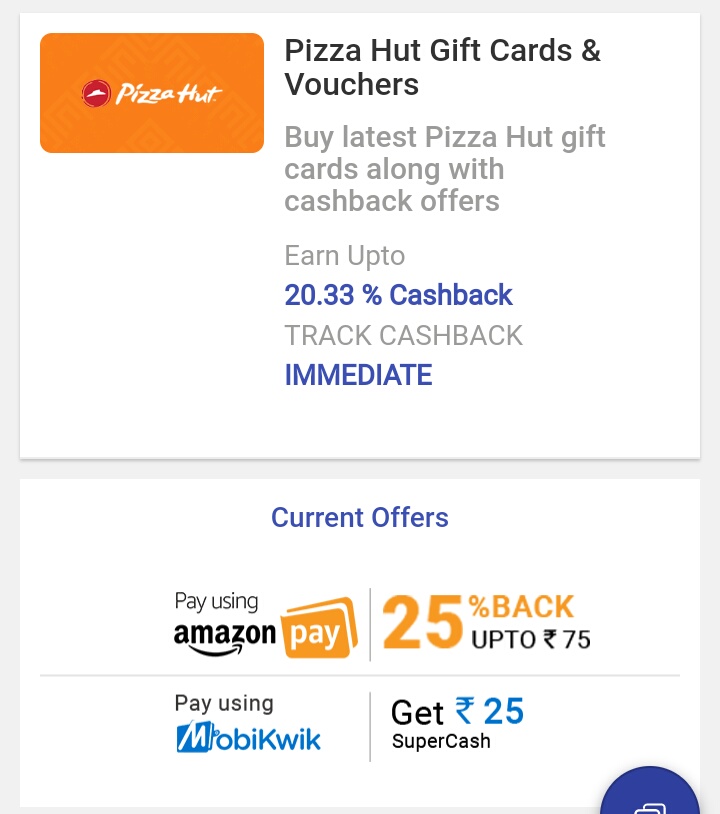 Pizza hut Rs300 gift voucher at more than 50% cashback 