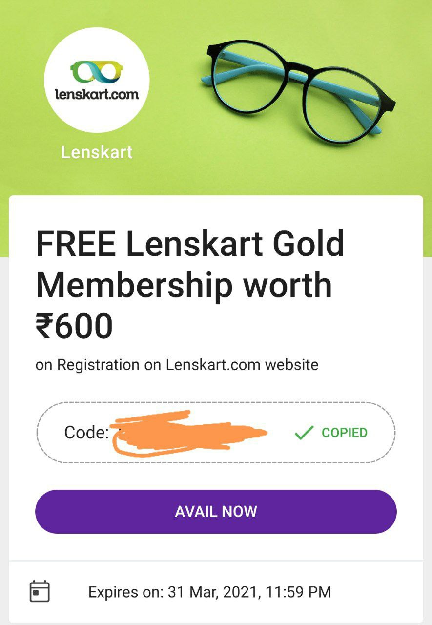 Free Lenskart Gold Membership 1 Year Worth ₹600